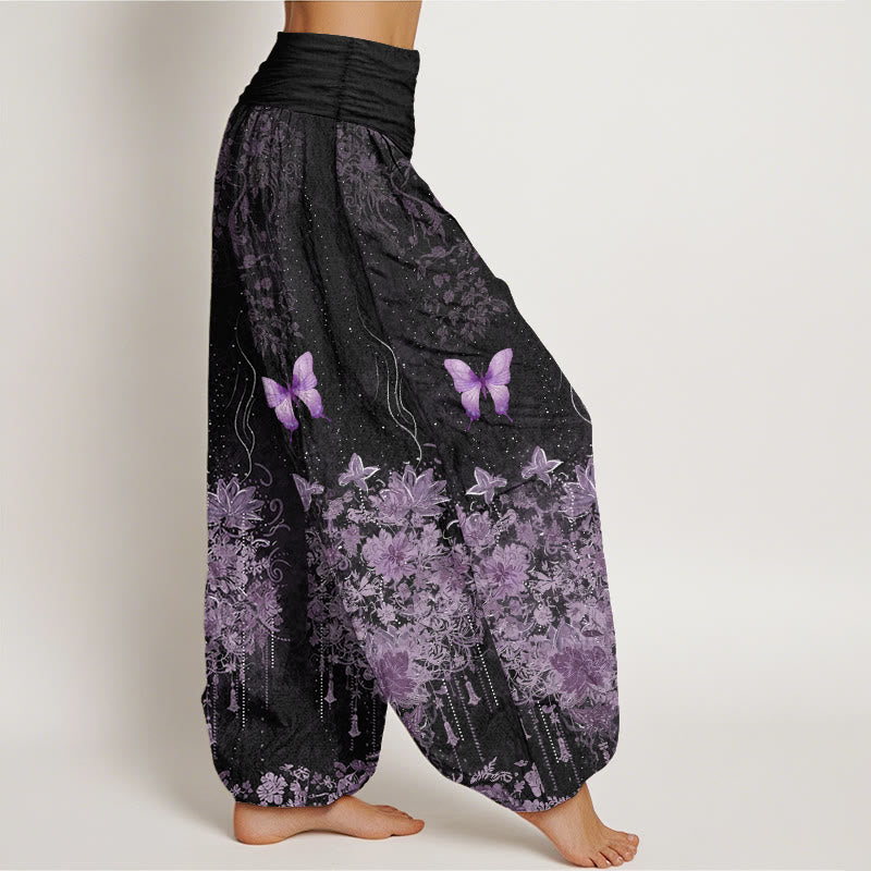 Nimara Ritual Cotton Butterfly Floral Pattern Women's Elastic Waist Harem Pants