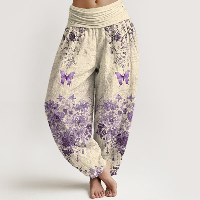 Nimara Ritual Cotton Butterfly Floral Pattern Women's Elastic Waist Harem Pants