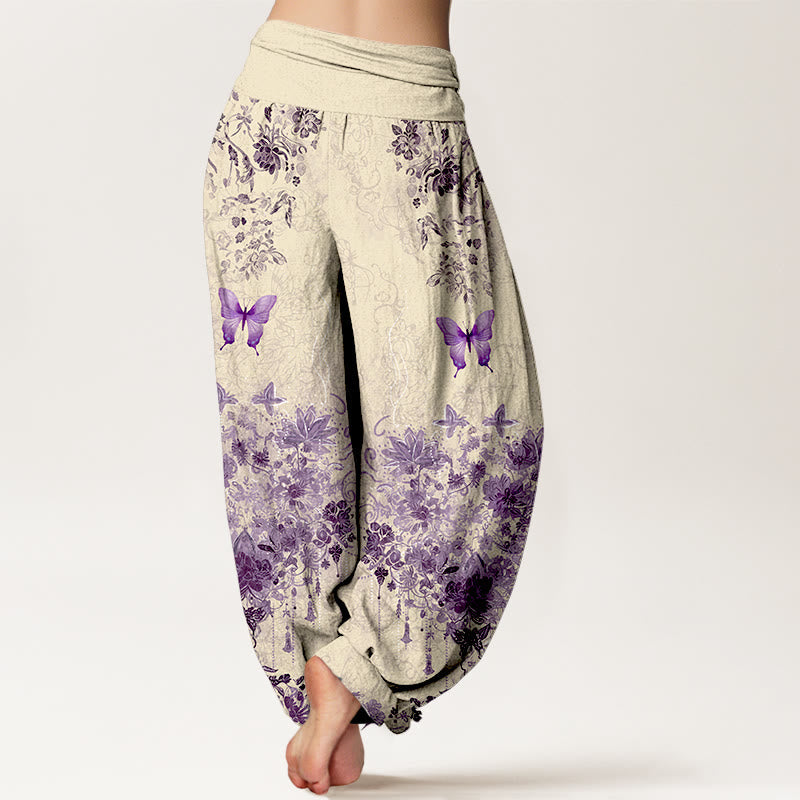 Nimara Ritual Cotton Butterfly Floral Pattern Women's Elastic Waist Harem Pants
