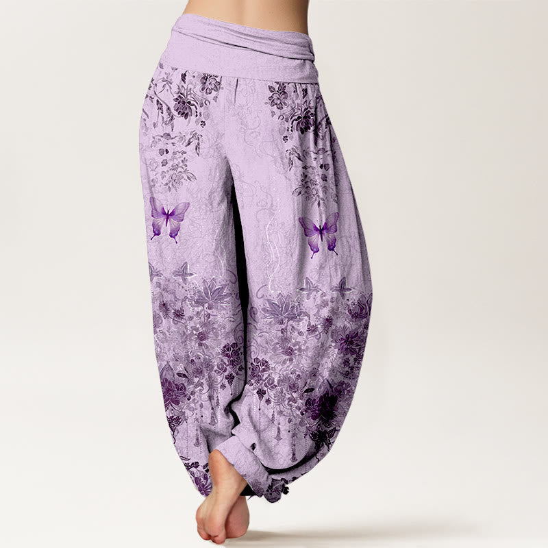 Nimara Ritual Cotton Butterfly Floral Pattern Women's Elastic Waist Harem Pants