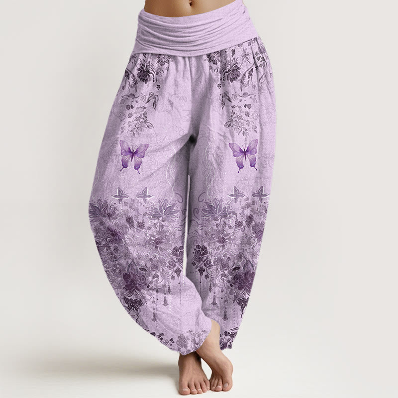 Nimara Ritual Cotton Butterfly Floral Pattern Women's Elastic Waist Harem Pants