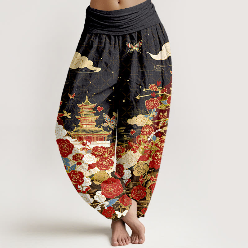 Nimara Ritual Cotton Butterfly Rose Pagoda Heart Pattern Women's Elastic Waist Harem Pants