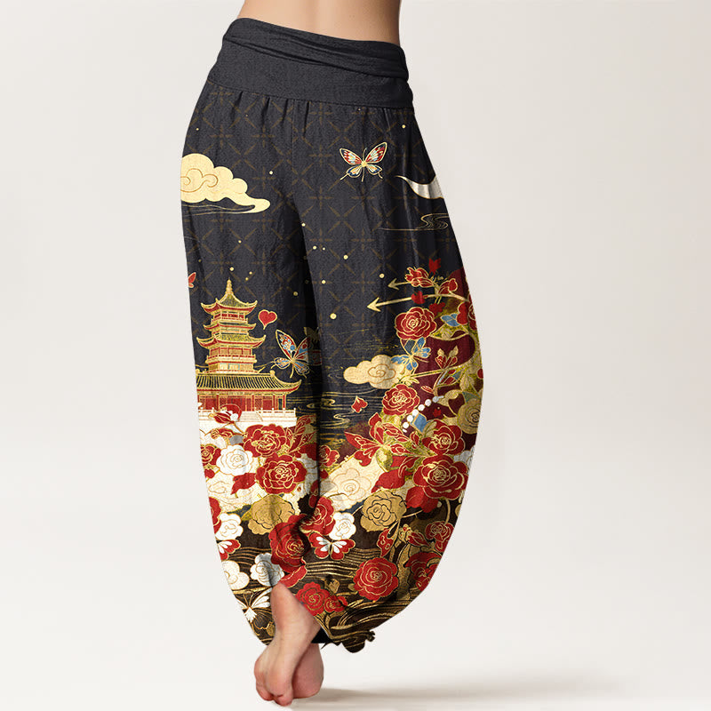 Nimara Ritual Cotton Butterfly Rose Pagoda Heart Pattern Women's Elastic Waist Harem Pants