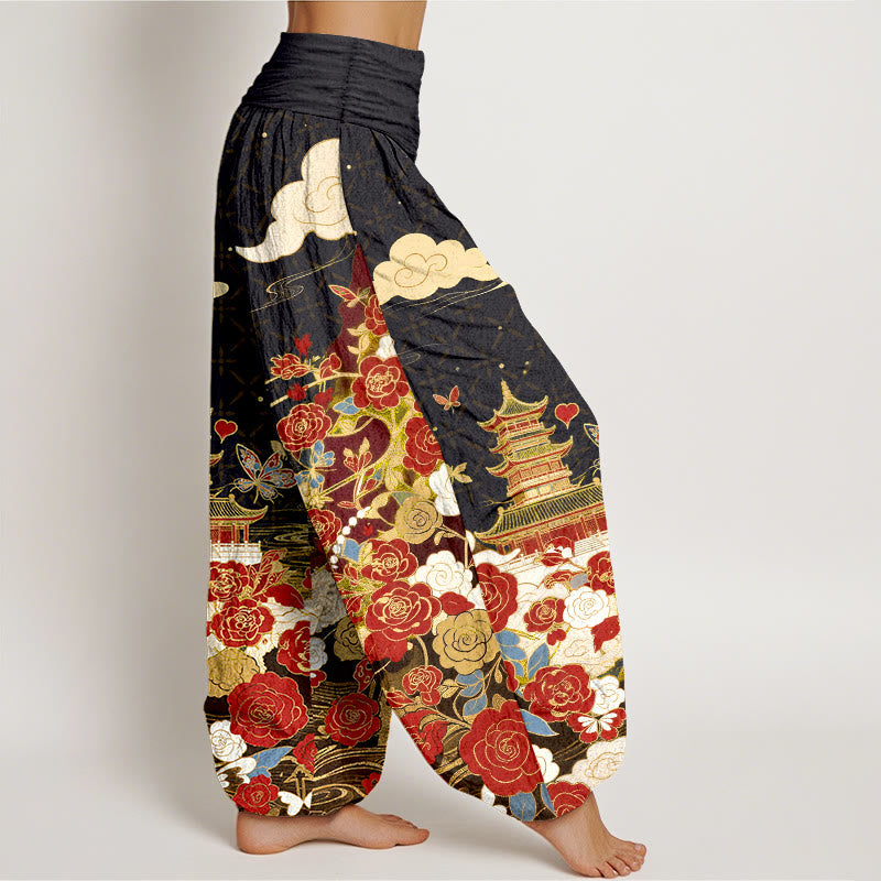 Nimara Ritual Cotton Butterfly Rose Pagoda Heart Pattern Women's Elastic Waist Harem Pants