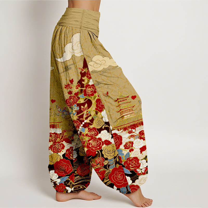 Nimara Ritual Cotton Butterfly Rose Pagoda Heart Pattern Women's Elastic Waist Harem Pants