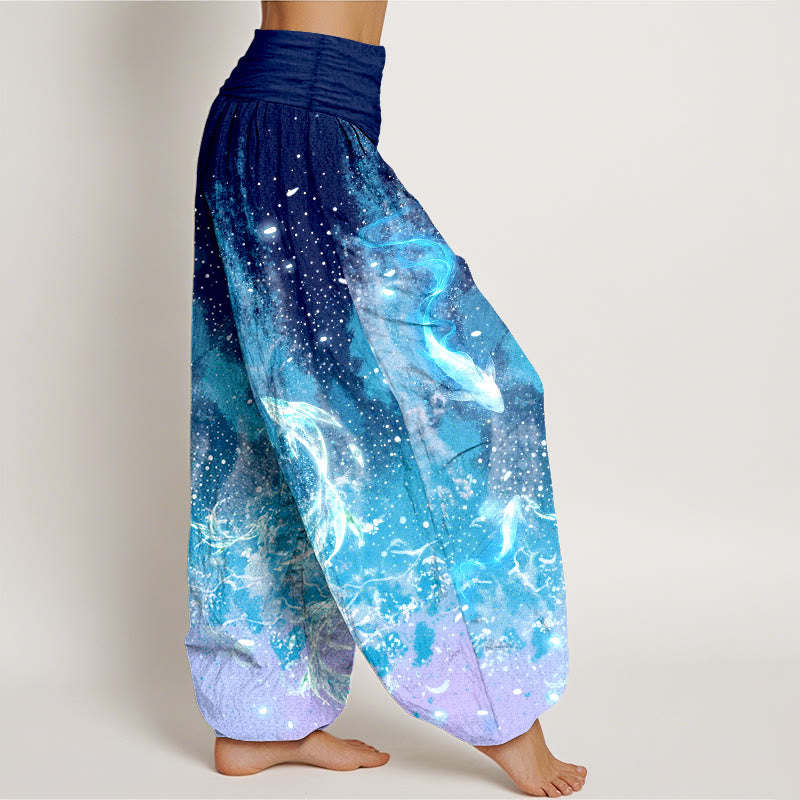 Nimara Ritual Cotton Koi Fish Aquatic Pattern Women's Elastic Waist Harem Pants