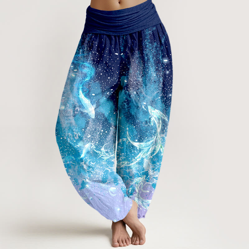 Nimara Ritual Cotton Koi Fish Aquatic Pattern Women's Elastic Waist Harem Pants
