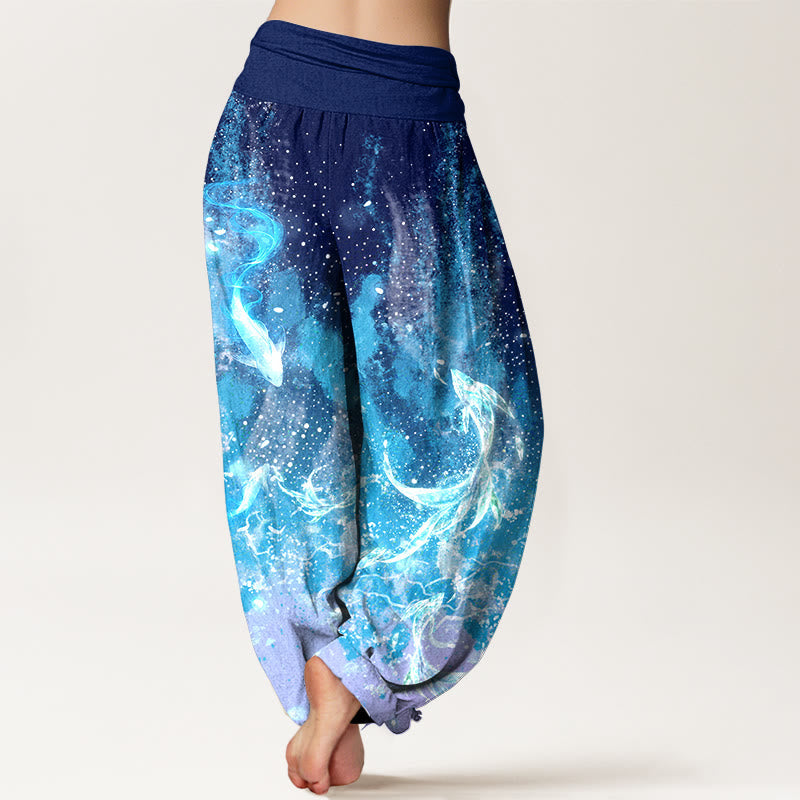 Nimara Ritual Cotton Koi Fish Aquatic Pattern Women's Elastic Waist Harem Pants