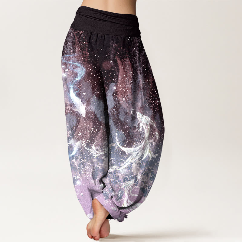 Nimara Ritual Cotton Koi Fish Aquatic Pattern Women's Elastic Waist Harem Pants