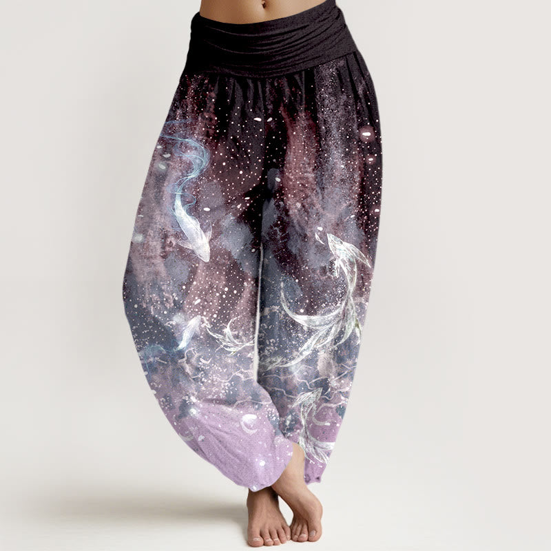 Nimara Ritual Cotton Koi Fish Aquatic Pattern Women's Elastic Waist Harem Pants