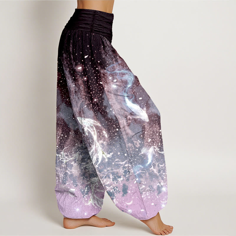 Nimara Ritual Cotton Koi Fish Aquatic Pattern Women's Elastic Waist Harem Pants