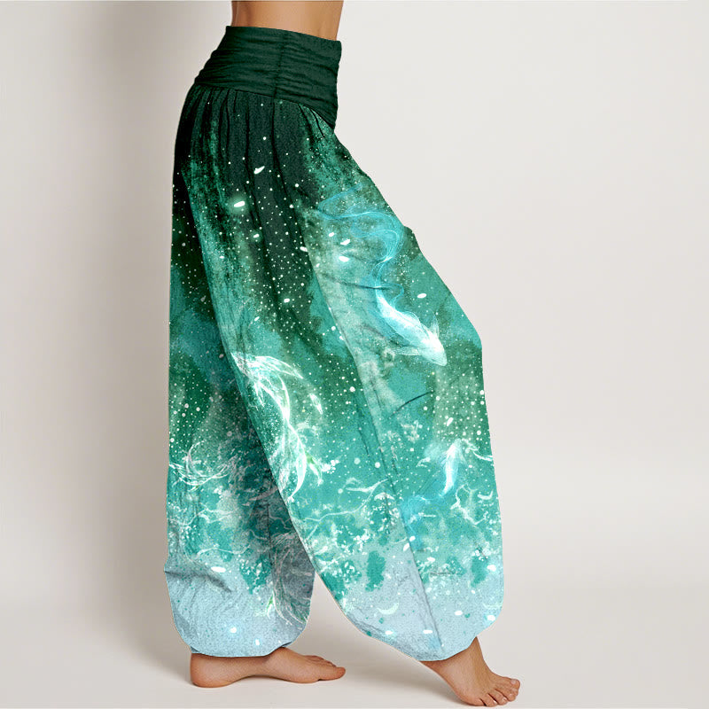 Nimara Ritual Cotton Koi Fish Aquatic Pattern Women's Elastic Waist Harem Pants