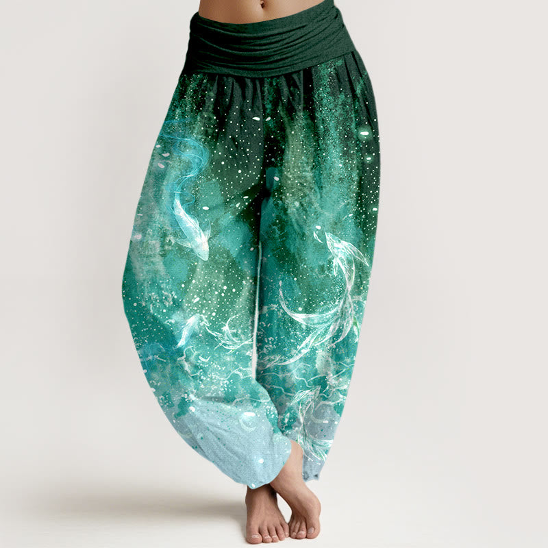 Nimara Ritual Cotton Koi Fish Aquatic Pattern Women's Elastic Waist Harem Pants