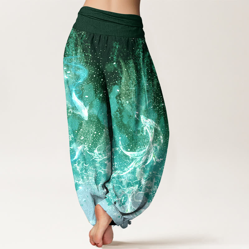 Nimara Ritual Cotton Koi Fish Aquatic Pattern Women's Elastic Waist Harem Pants