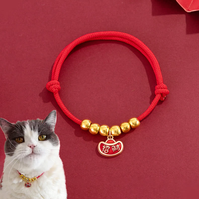 Nimara Ritual Red String Bead Yuanbao Fu Character Protection Adjustable Cats Dogs Pet Collar