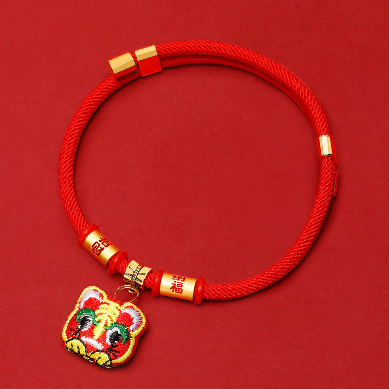 Nimara Ritual Red String Plaited Embroidery Tiger Fu Character Protection Adjustable Cats Dogs Pet Collar
