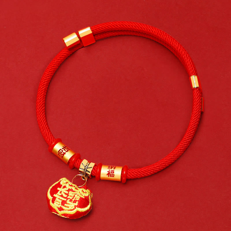 Nimara Ritual Red String Plaited Embroidery Tiger Fu Character Protection Adjustable Cats Dogs Pet Collar