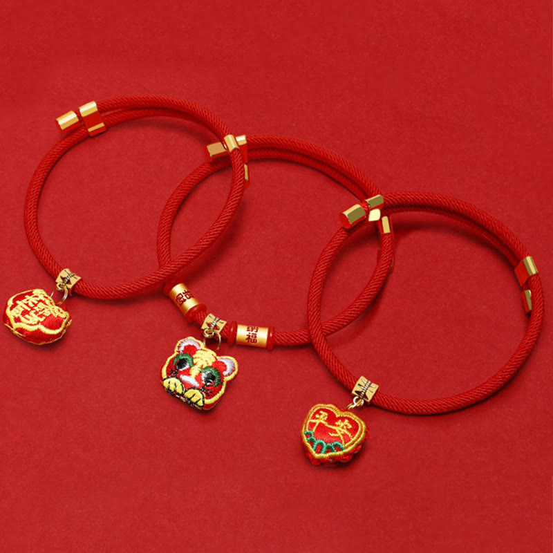Nimara Ritual Red String Plaited Embroidery Tiger Fu Character Protection Adjustable Cats Dogs Pet Collar
