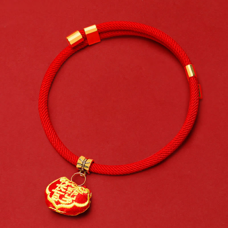 Nimara Ritual Red String Plaited Embroidery Tiger Fu Character Protection Adjustable Cats Dogs Pet Collar