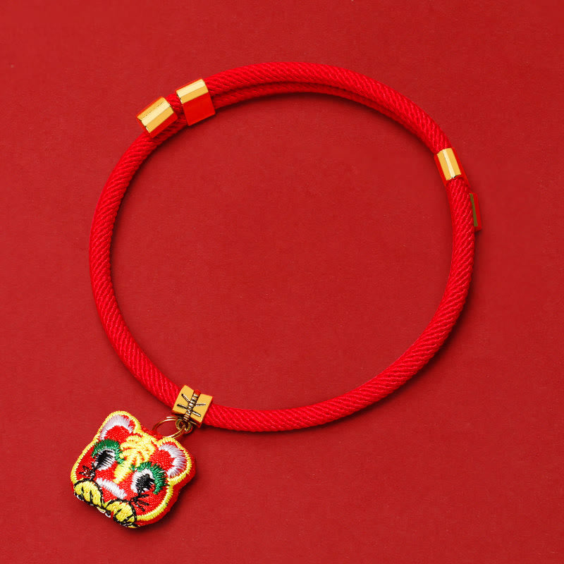 Nimara Ritual Red String Plaited Embroidery Tiger Fu Character Protection Adjustable Cats Dogs Pet Collar