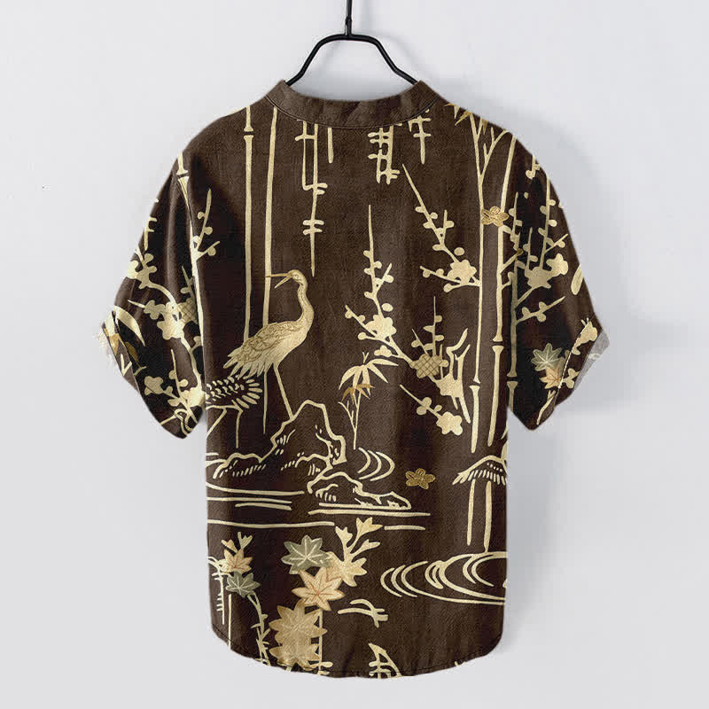 Nimara Ritual Cotton Crane Bamboo Floral Pattern Men's Short Sleeve Half Button Shirt