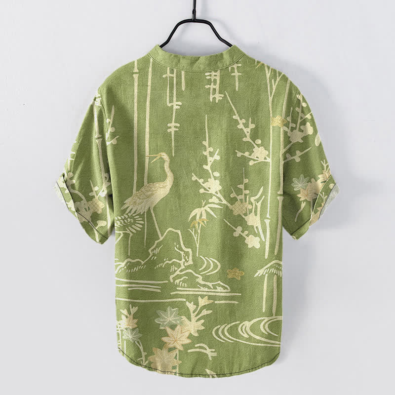 Nimara Ritual Cotton Crane Bamboo Floral Pattern Men's Short Sleeve Half Button Shirt