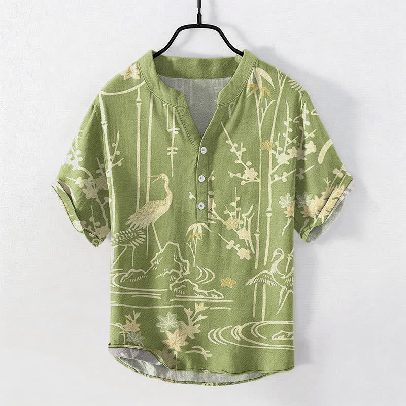 Nimara Ritual Cotton Crane Bamboo Floral Pattern Men's Short Sleeve Half Button Shirt