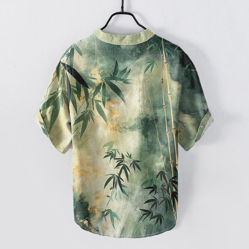 Nimara Ritual Cotton Bamboo Pattern Men's Short Sleeve Half Button Shirt