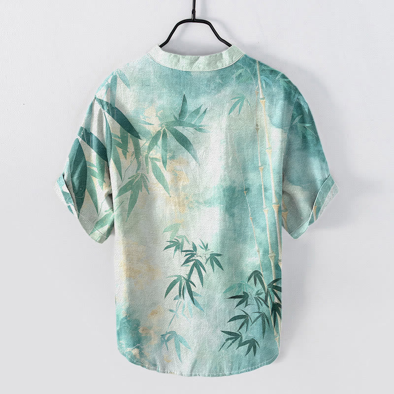Nimara Ritual Cotton Bamboo Pattern Men's Short Sleeve Half Button Shirt