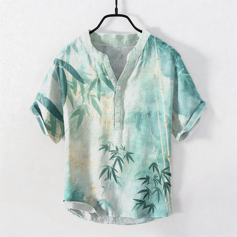 Nimara Ritual Cotton Bamboo Pattern Men's Short Sleeve Half Button Shirt