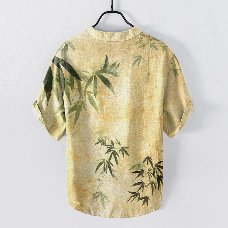 Nimara Ritual Cotton Bamboo Pattern Men's Short Sleeve Half Button Shirt