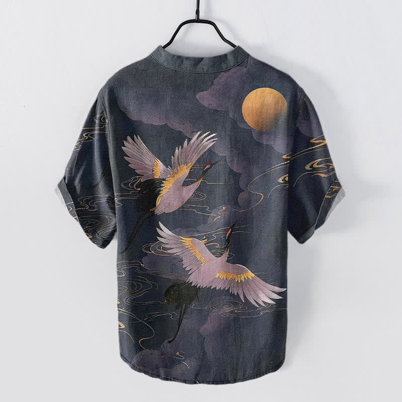 Nimara Ritual Cotton Full Moon Crane Pattern Men's Short Sleeve Half Button Shirt