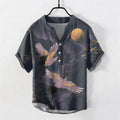 Nimara Ritual Cotton Full Moon Crane Pattern Men's Short Sleeve Half Button Shirt