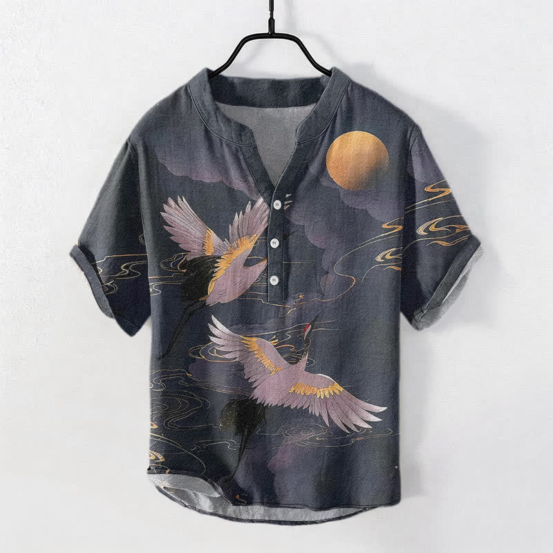 Nimara Ritual Cotton Full Moon Crane Pattern Men's Short Sleeve Half Button Shirt