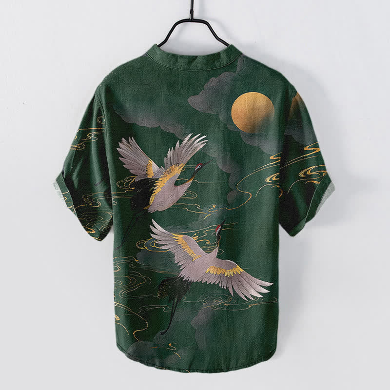 Nimara Ritual Cotton Full Moon Crane Pattern Men's Short Sleeve Half Button Shirt