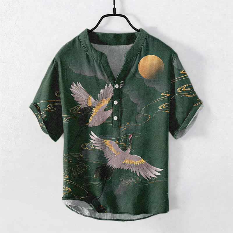 Nimara Ritual Cotton Full Moon Crane Pattern Men's Short Sleeve Half Button Shirt