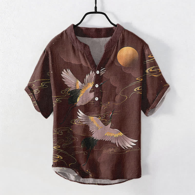 Nimara Ritual Cotton Full Moon Crane Pattern Men's Short Sleeve Half Button Shirt