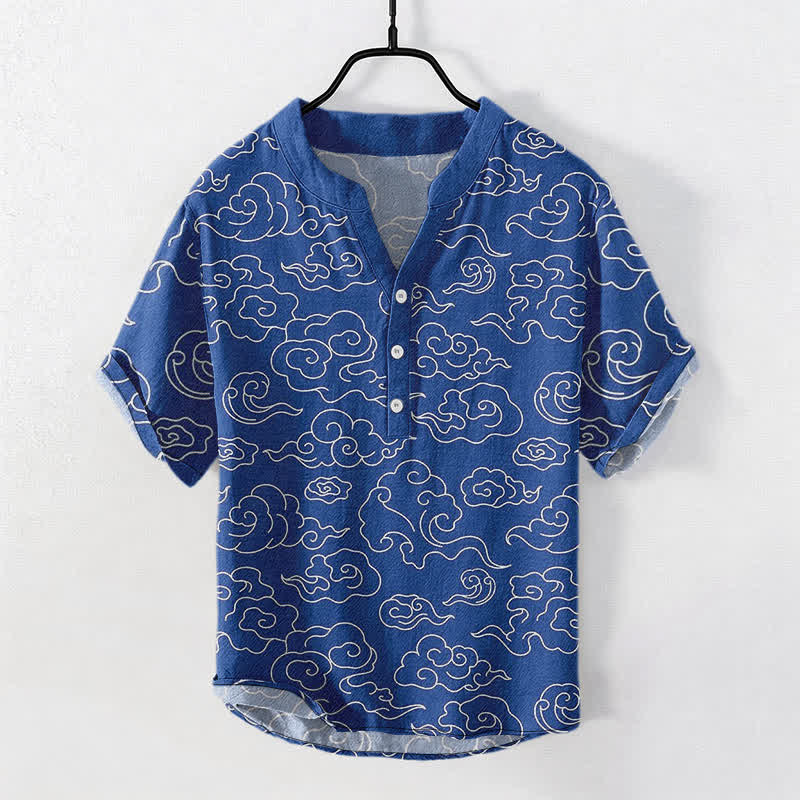 Nimara Ritual Cotton Cloud Pattern Men's Short Sleeve Half Button Shirt