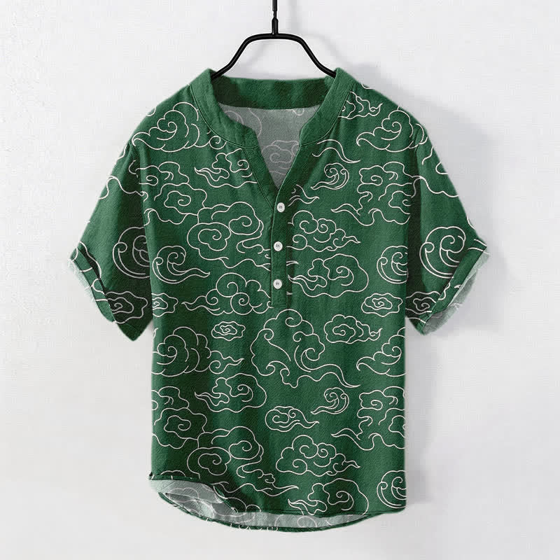 Nimara Ritual Cotton Cloud Pattern Men's Short Sleeve Half Button Shirt