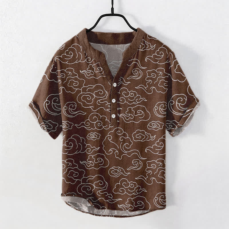 Nimara Ritual Cotton Cloud Pattern Men's Short Sleeve Half Button Shirt