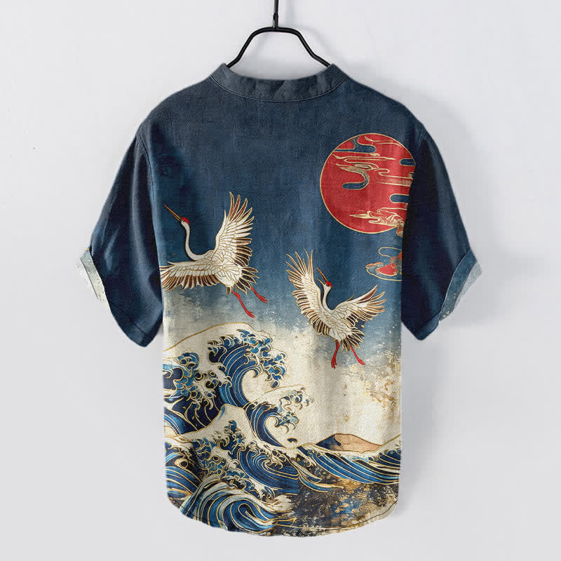 Nimara Ritual Cotton Crane Wave Sun Pattern Men's Short Sleeve Half Button Shirt
