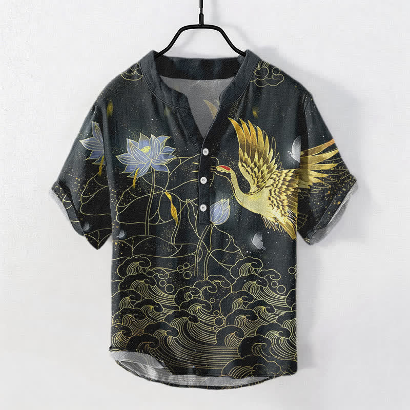 Nimara Ritual Cotton Crane Wave Lotus Cloud Pattern Men's Short Sleeve Half Button Shirt