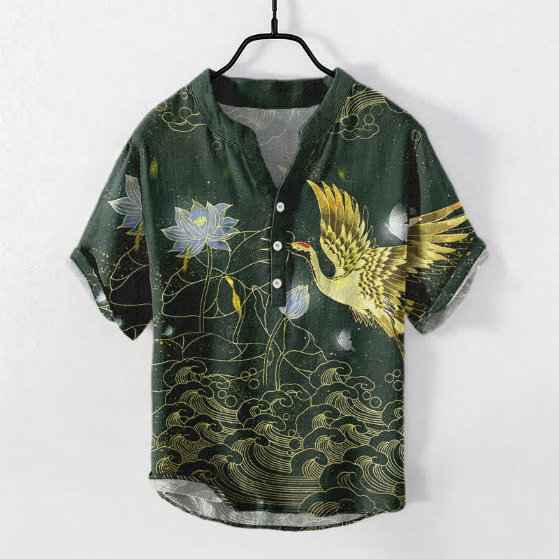 Nimara Ritual Cotton Crane Wave Lotus Cloud Pattern Men's Short Sleeve Half Button Shirt