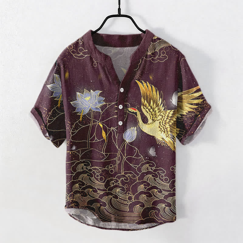 Nimara Ritual Cotton Crane Wave Lotus Cloud Pattern Men's Short Sleeve Half Button Shirt