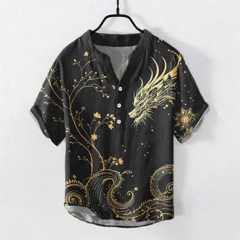 Nimara Ritual Cotton Wave Dragon Flower Pattern Men's Short Sleeve Half Button Shirt
