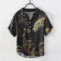 Nimara Ritual Cotton Wave Dragon Flower Pattern Men's Short Sleeve Half Button Shirt