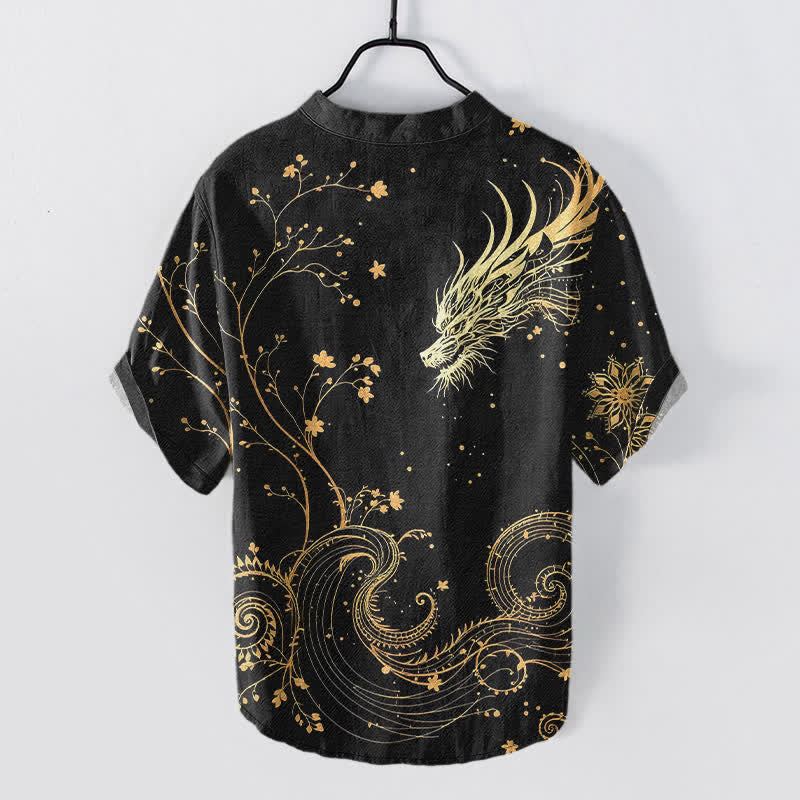 Nimara Ritual Cotton Wave Dragon Flower Pattern Men's Short Sleeve Half Button Shirt