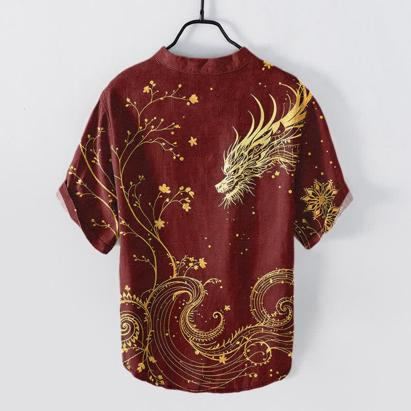 Nimara Ritual Cotton Wave Dragon Flower Pattern Men's Short Sleeve Half Button Shirt
