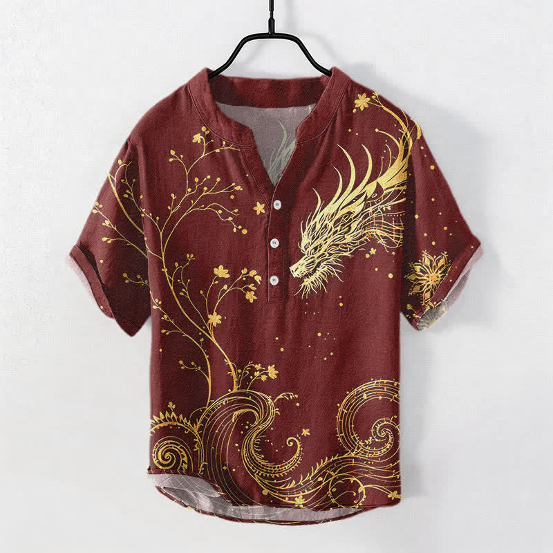 Nimara Ritual Cotton Wave Dragon Flower Pattern Men's Short Sleeve Half Button Shirt