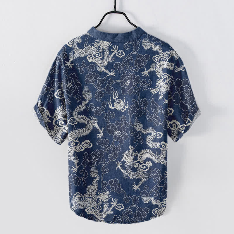 Nimara Ritual Cotton Dragon Lotus Pattern Men's Short Sleeve Half Button Shirt